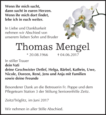 Traueranzeige von Thomas Mengel von Mitteldeutsche Zeitung Zeitz