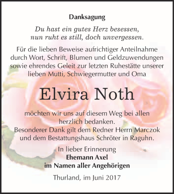 Traueranzeige von Elvira Noth von WVG - Wochenspiegel Bitterfeld