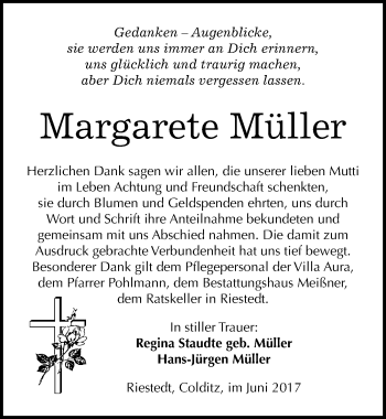 Traueranzeige von Margarete Müller von Mitteldeutsche Zeitung Sangerhausen