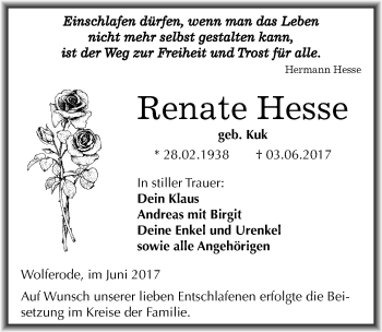 Traueranzeige von Renate Hesse von Mitteldeutsche Zeitung Mansfelder Land