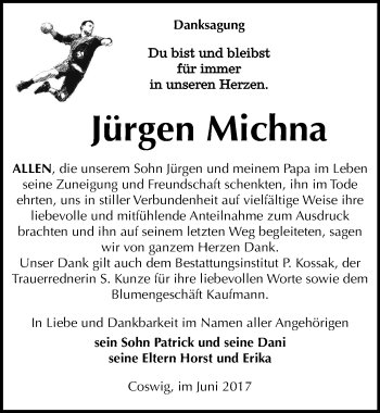 Traueranzeige von Jürgen Michna von Mitteldeutsche Zeitung Wittenberg