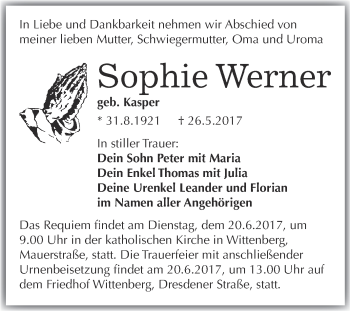 Traueranzeige von Sophie Werner von Super Sonntag Wittenberg