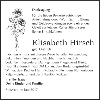 Traueranzeige von Elisabeth Hirsch von WVG - Wochenspiegel Bitterfeld