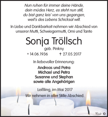 Traueranzeige von Sonja Tröllsch von Mitteldeutsche Zeitung Weißenfels