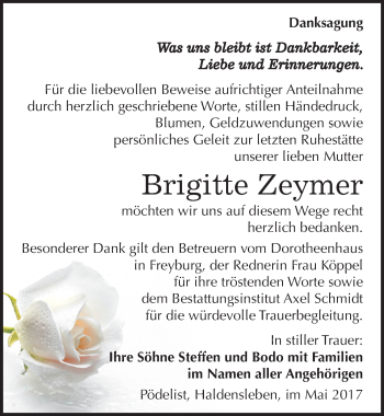 Traueranzeige von Brigitte Zeymer von Mitteldeutsche Zeitung Naumburg/Nebra