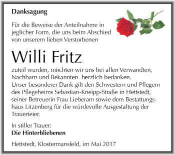 Traueranzeige von Willi Fritz von Wochenspiegel Mansfelder Land