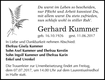 Traueranzeige von Gerhard Kummer von Mitteldeutsche Zeitung Halle/Saalkreis