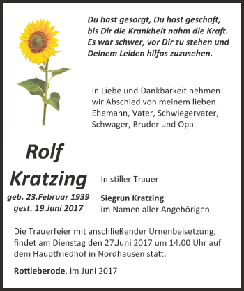 Traueranzeige von Rolf Kratzing von Mitteldeutsche Zeitung Sangerhausen