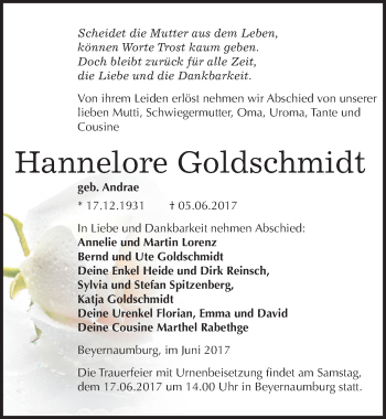 Traueranzeige von Hannelore Goldschmidt von Mitteldeutsche Zeitung Sangerhausen
