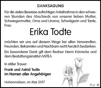 Traueranzeige von Erika Todte von Mitteldeutsche Zeitung Weißenfels