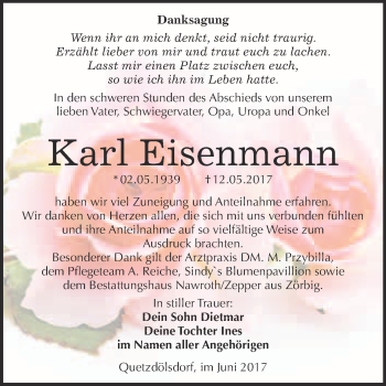 Traueranzeige von Karl Eisenmann von WVG - Wochenspiegel Bitterfeld