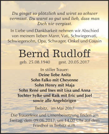 Traueranzeige von Bernd Rudloff von WVG - Wochenspiegel Wittenberg