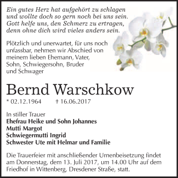 Traueranzeige von Bernd Warschkow von WVG - Wochenspiegel Wittenberg
