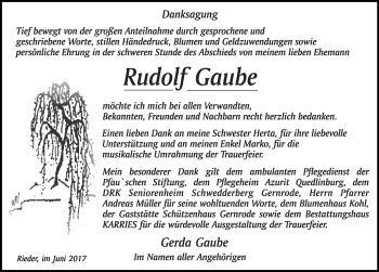 Traueranzeige von Rudolf Gaube von Mitteldeutsche Zeitung Quedlinburg