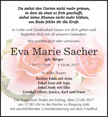 Traueranzeige von Eva Marie Sacher von Mitteldeutsche Zeitung Köthen