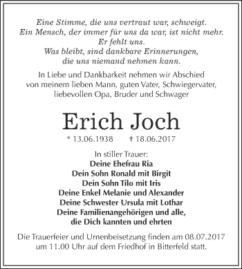 Traueranzeige von Erich Joch von WVG - Wochenspiegel Bitterfeld