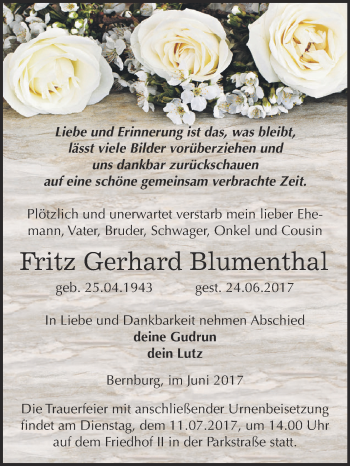 Traueranzeige von Fritz Gerhard Blumenthal von Super Sonntag Bernburg
