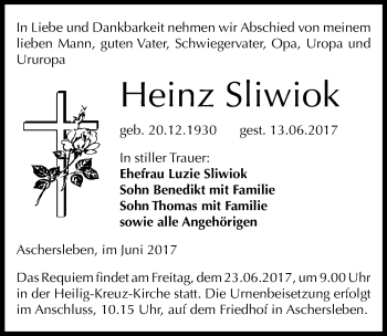 Traueranzeige von Heinz Sliwiok von Mitteldeutsche Zeitung Aschersleben