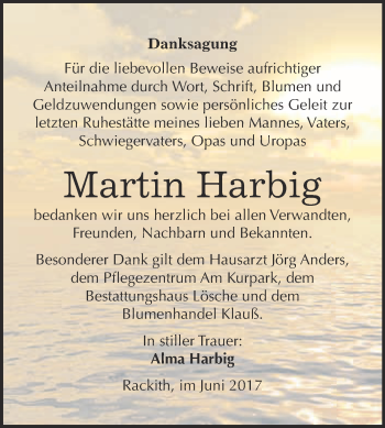 Traueranzeige von Martin Harbig von WVG - Wochenspiegel Wittenberg