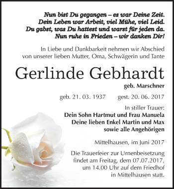 Traueranzeige von Gerlinde Gebhardt von Mitteldeutsche Zeitung Sangerhausen