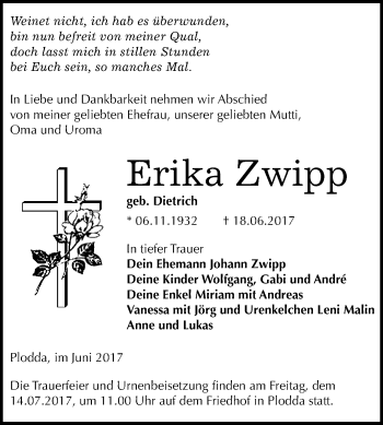 Traueranzeige von Erika Zwipp von WVG - Wochenspiegel Bitterfeld