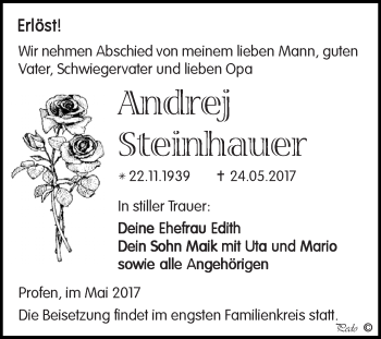 Traueranzeige von Andrej Steinhauer von Super Sonntag Zeitz