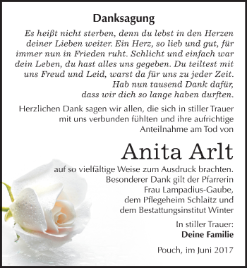 Traueranzeige von Anita Arlt von Mitteldeutsche Zeitung Bitterfeld