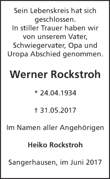 Traueranzeige von Werner Rockstroh von Super Sonntag SGH Mansf. Land