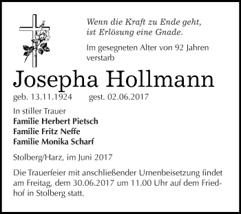 Traueranzeige von Josepha Hollmann von Super Sonntag SGH Mansf. Land