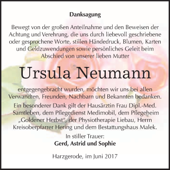 Traueranzeige von Ursula Neumann von WVG - Wochenspiegel Quedlinburg