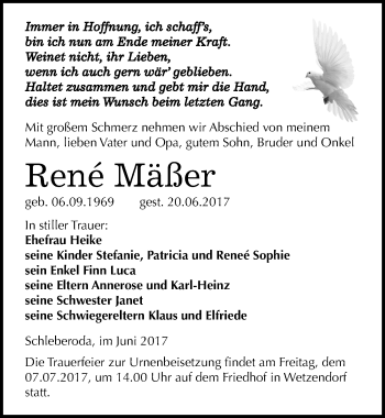 Traueranzeige von René Mäßer von Mitteldeutsche Zeitung Naumburg/Nebra