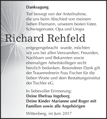 Traueranzeige von Richard Rehfeld von WVG - Wochenspiegel Wittenberg