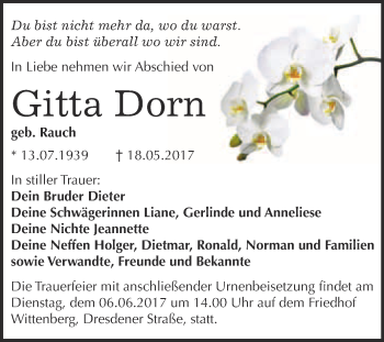 Traueranzeige von Gitta Dorn von WVG - Wochenspiegel Wittenberg