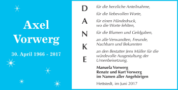 Traueranzeige von Axel Vorwerg von Wochenspiegel Mansfelder Land