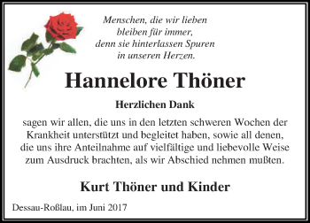 Traueranzeige von Hannelore Thöner von WVG - Wochenspiegel Dessau / Köthen