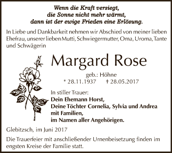 Traueranzeige von Margard Rose von WVG - Wochenspiegel Dessau / Köthen
