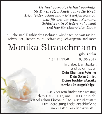 Traueranzeige von Monika Strauchmann von WVG - Wochenspiegel Merseburg