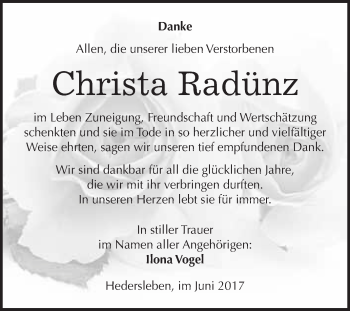 Traueranzeige von Christa Radünz von WVG - Wochenspiegel Quedlinburg