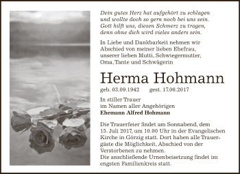 Traueranzeige von Herma Hohmann von WVG - Wochenspiegel Dessau / Köthen