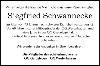 Traueranzeige von Siegfried Schwannecke von WVG - Wochenspiegel Quedlinburg