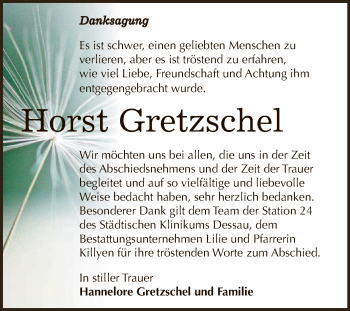 Traueranzeige von Horst Gretzschel von WVG - Wochenspiegel Dessau / Köthen
