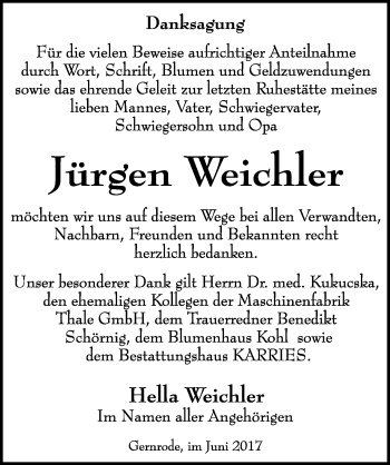 Traueranzeige von Jürgen Weichler von Mitteldeutsche Zeitung Quedlinburg