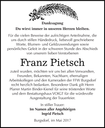 Traueranzeige von Franz Pietsch von Wochenspiegel Mansfelder Land