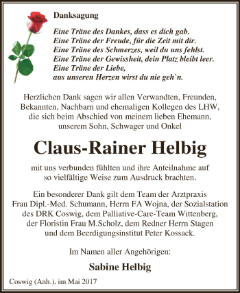 Traueranzeige von Claus-Rainer Helbig von WVG - Wochenspiegel Dessau / Köthen