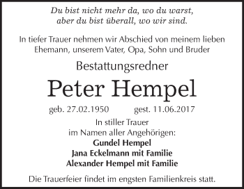 Traueranzeige von Peter Hempel von WVG - Wochenspiegel Merseburg