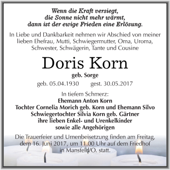 Traueranzeige von Doris Korn von Super Sonntag SGH Mansf. Land