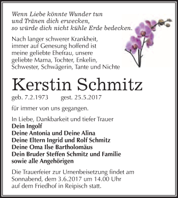 Traueranzeige von Kerstin Schmitz von WVG - Wochenspiegel Merseburg