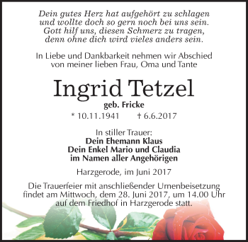 Traueranzeige von Ingrid Tetzel von Mitteldeutsche Zeitung Quedlinburg