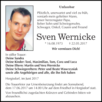 Traueranzeige von Sven Wernicke von Wochenspiegel Mansfelder Land