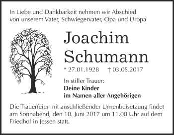 Traueranzeige von Joachim  Schumann von WVG - Wochenspiegel Wittenberg